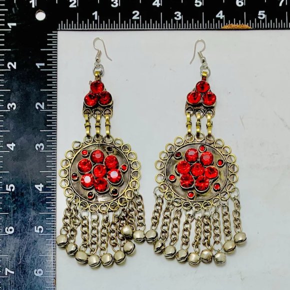 Kuchi Red Dangle Earrings, Massive Ethnic Afghan Earrings, Kuchi Tribal Jewelry - Picture 9 of 10